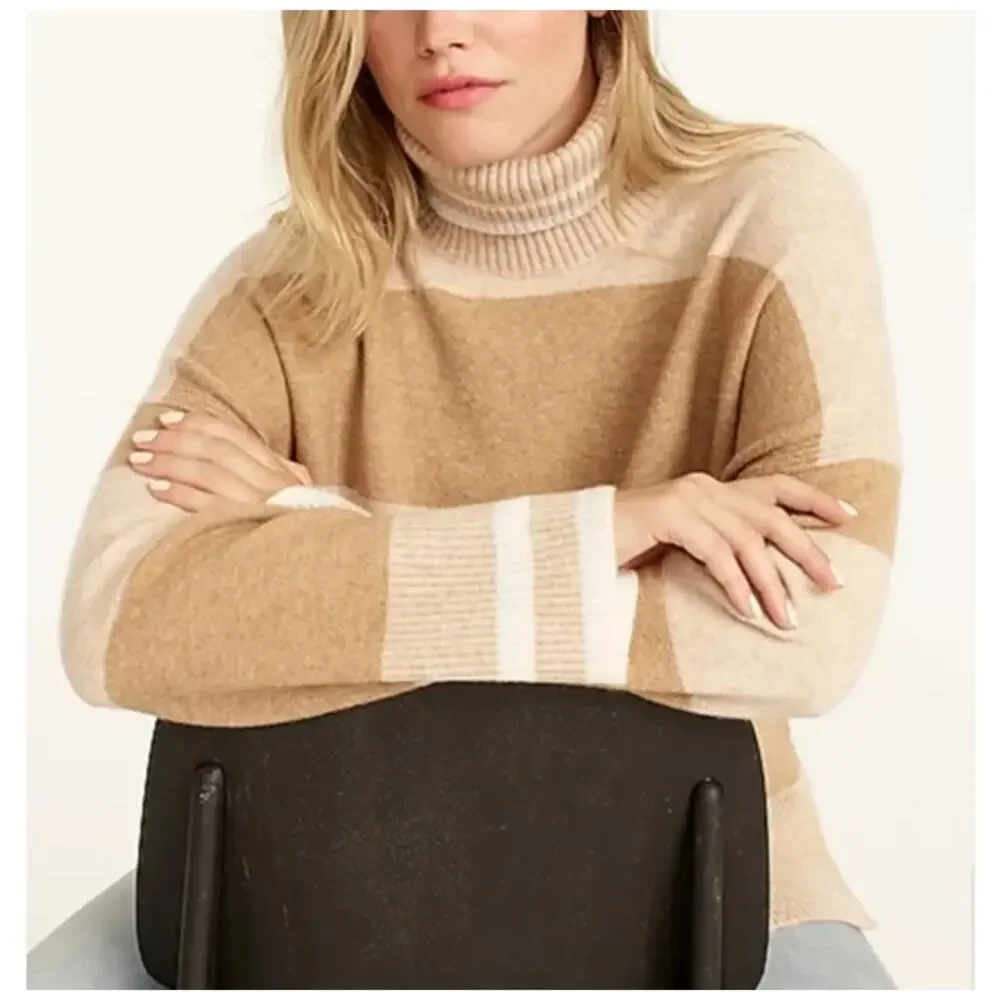J. Crew Striped Turtleneck Sweater in Supersoft Yarn Heather Linen Camel NWT